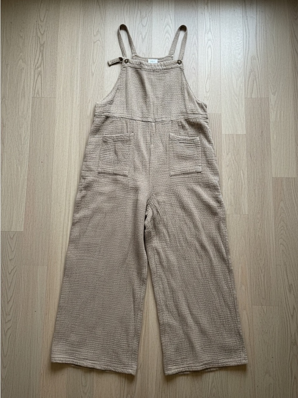 Like New Beige Textured Gauze Wide-Leg Overalls